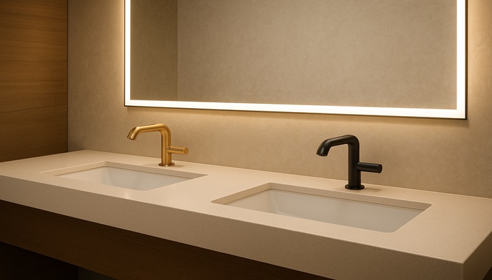 Corporate or campus restroom with touchless faucets